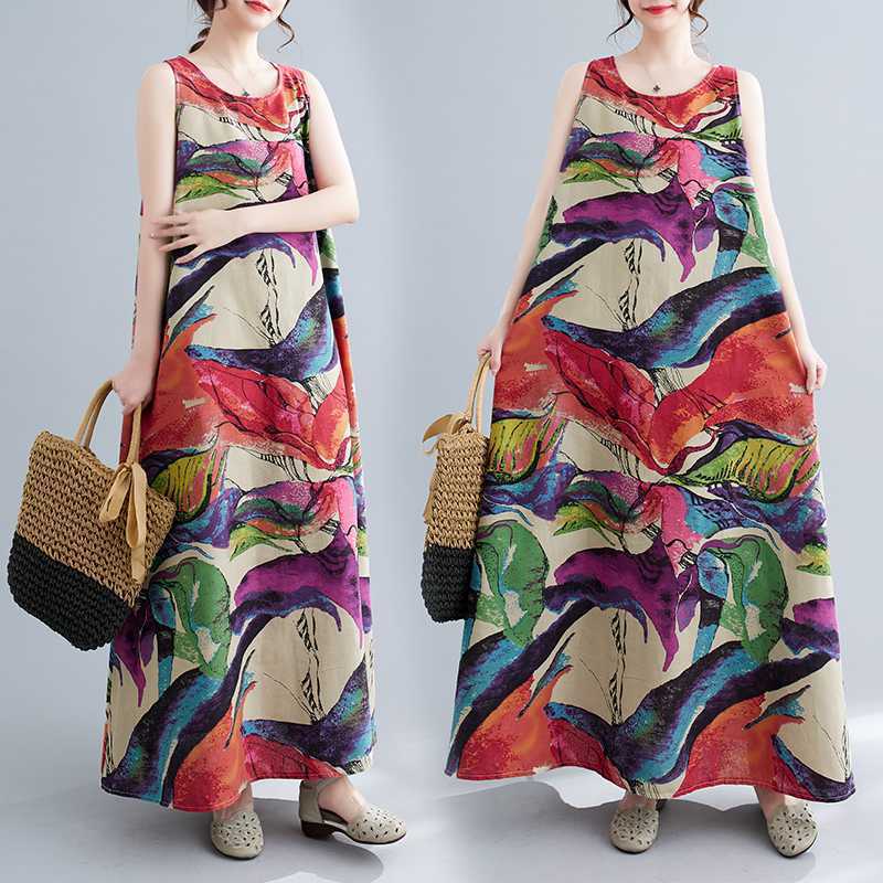Vintage Floral Linen Sleeveless Round Neck Dress