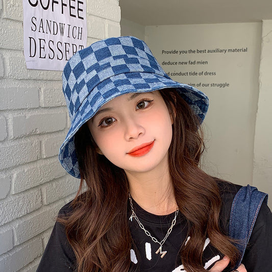 Women's Plaid Shade Sunscreen Denim Fisherman Hat