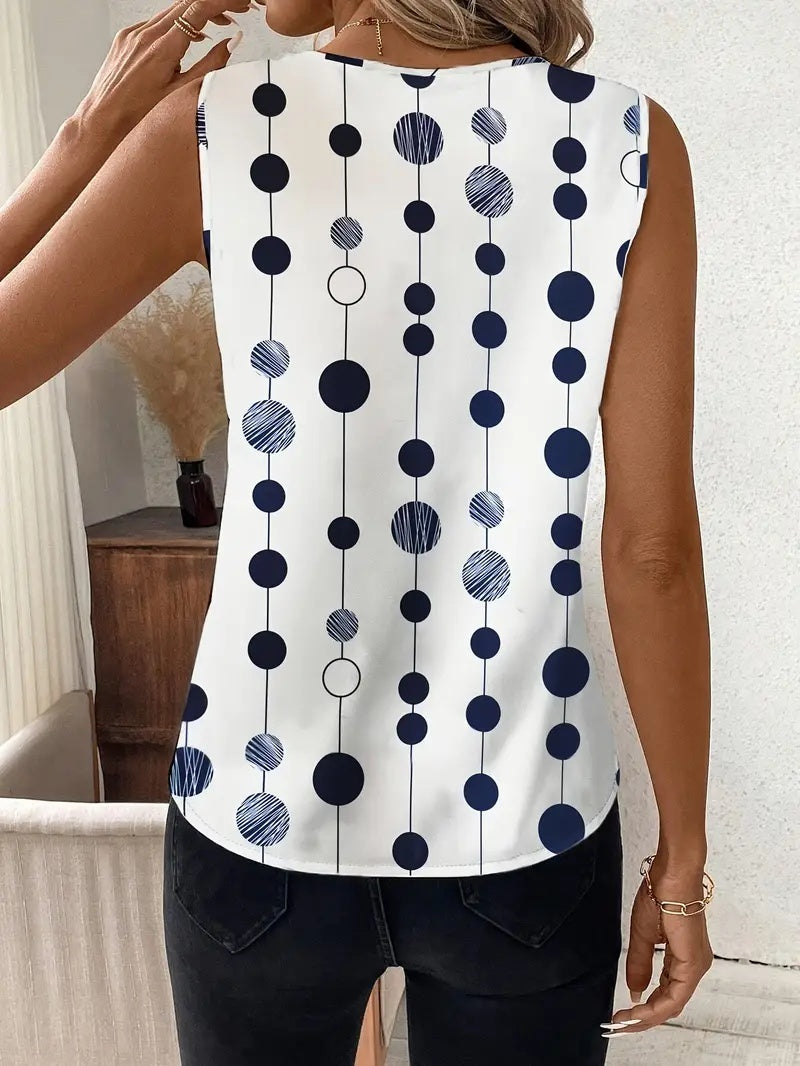 Women's Elegant Black And White Polka Dot Sleeveless V-neck Top