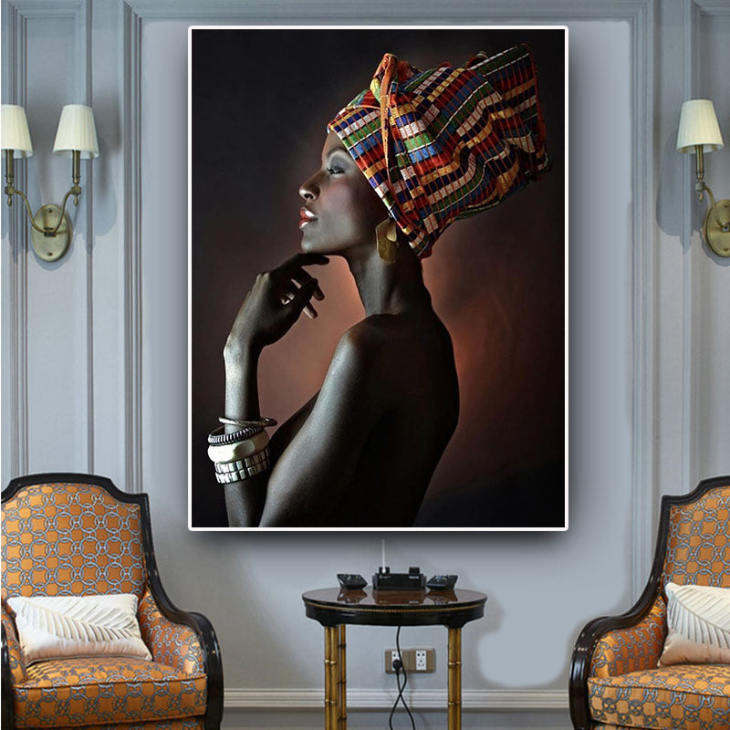 African Art Black Girl Silver Jewelry Canvas Painting Art Poster