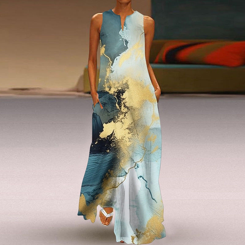 Printed V-neck Pocket Long Dress Swing