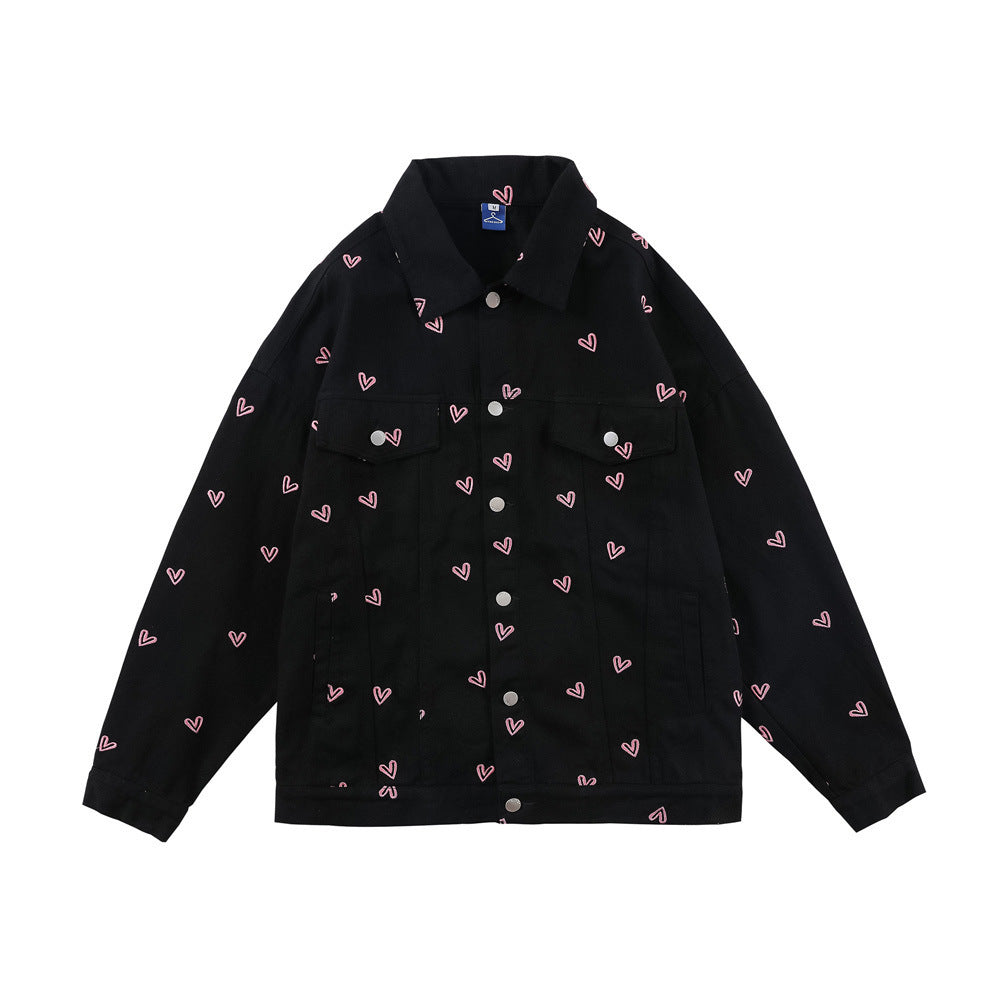 Love Embroidered Denim Men's Loose Lapel Workwear Jacket