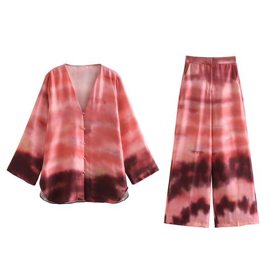 V-neck Long Sleeve Tie-dye Loose Shirt Satin Print Straight-leg Trousers Suit