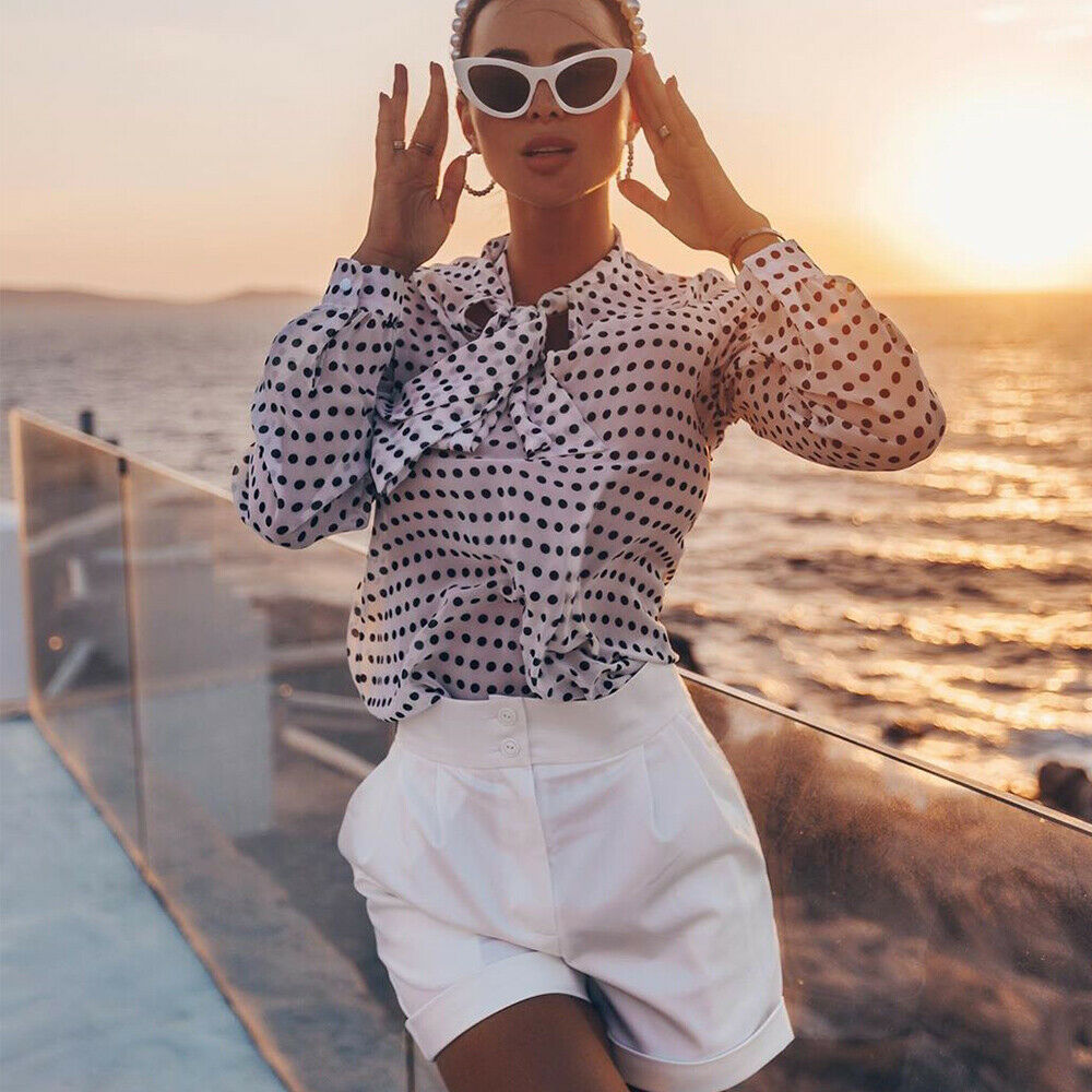 Women's Polka Dot Long-sleeved Lace Up Shirt Top Women