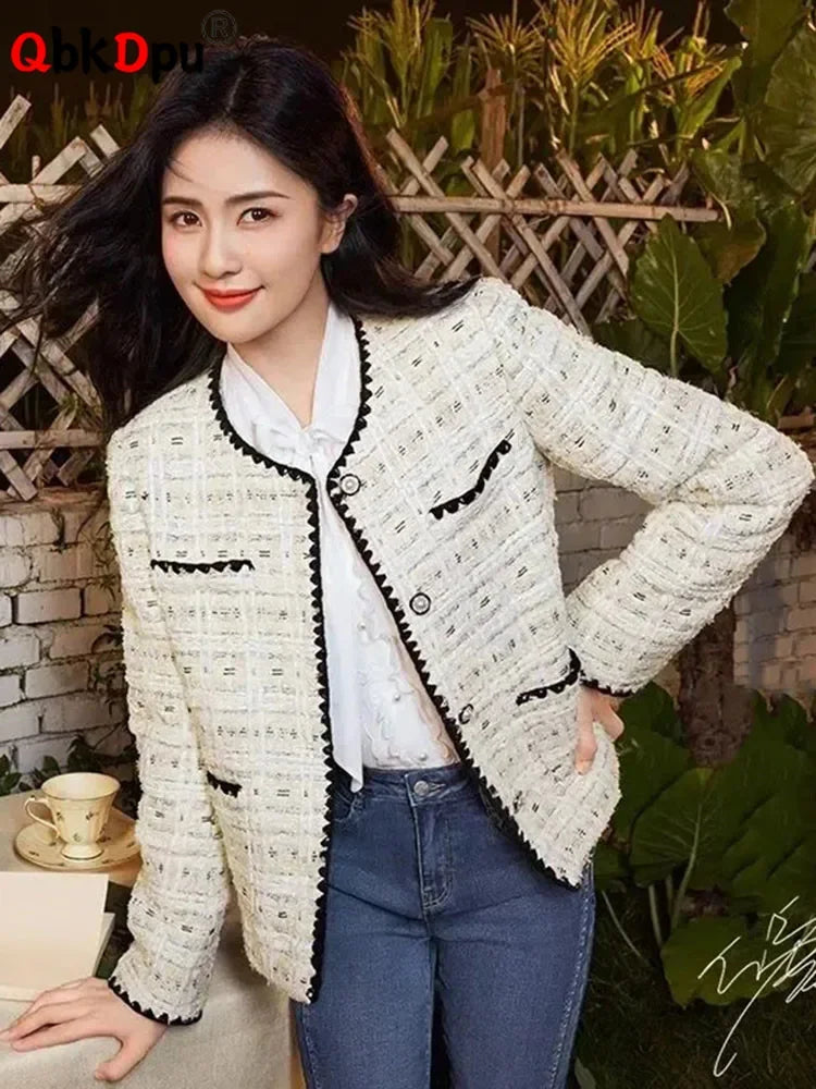 Korean Elegant O-neck Tweed Jackets Tops Women Casual Woolen Long Sleeve Coats Spring Fall Wool Blend Single Breasted Abrigos