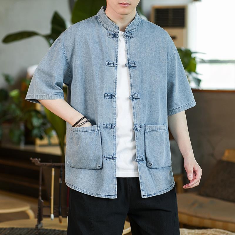 New Summer Men's Retro Denim Tang Suit Cardigan