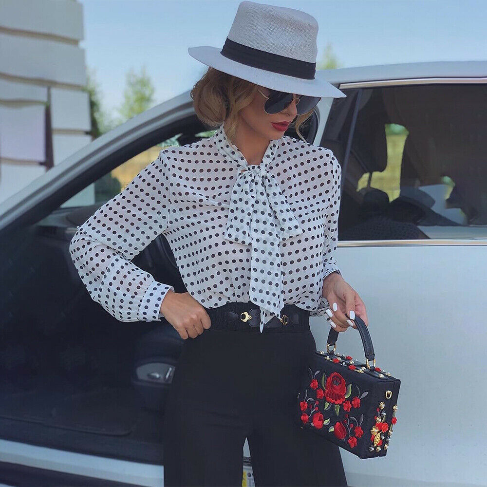 Women's Polka Dot Long-sleeved Lace Up Shirt Top Women